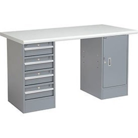 GLOBAL EQUIPMENT 72 x 30 Pedestal Workbench 4 Drawers   1 Cabinet, Laminate Safety Edge Gray 607625